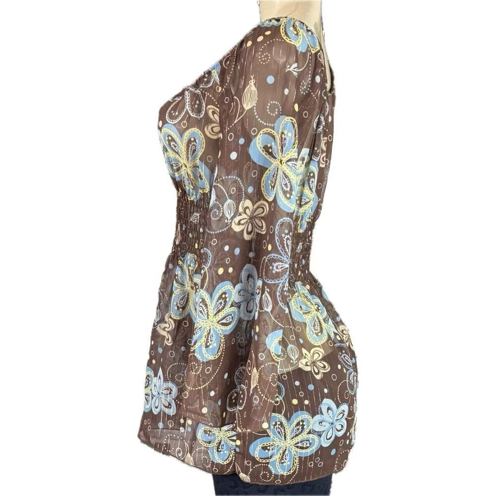 Jordache M Jrs Sheer Brown Floral Shirred Waist 3/4 Sleeve On/Off Shoulder Top - Picture 5 of 6